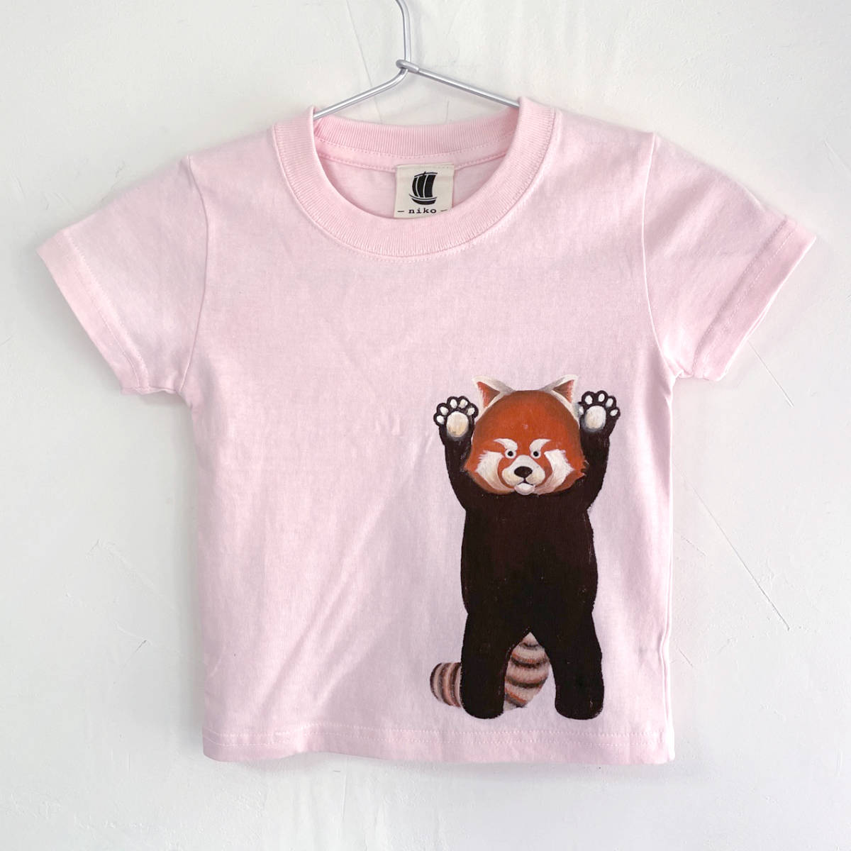 Kids T-shirt, size 120, pink, red panda print T-shirt, white, handmade, hand-drawn T-shirt, animal, tops, Short sleeve T-shirt, 120(115~124cm)