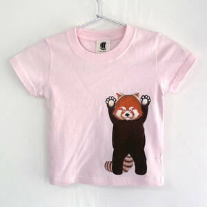 Art hand Auction Kids T-shirt Size 140 Pink Lesser Panda Pattern T-shirt White Handmade Hand-painted T-shirt Animal, tops, short sleeve t-shirt, 140(135~144cm)