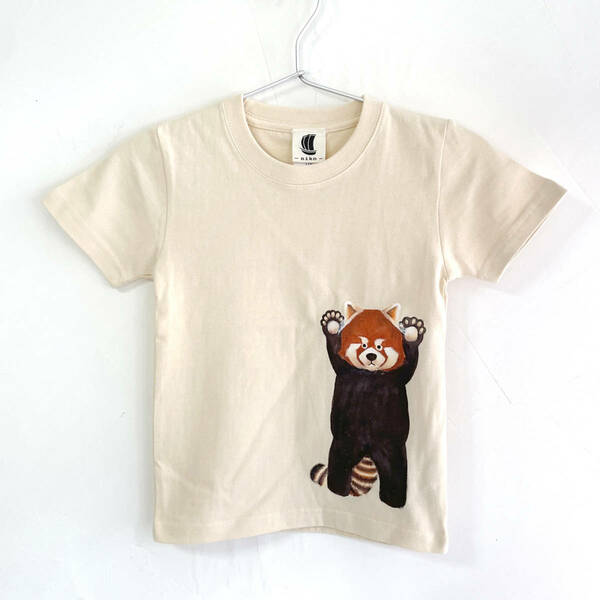 キッズTシャツ 100サイズ ナチュラル レッサーパンダ柄Tシャツ ハンドメイド 手描きTシャツ 動物