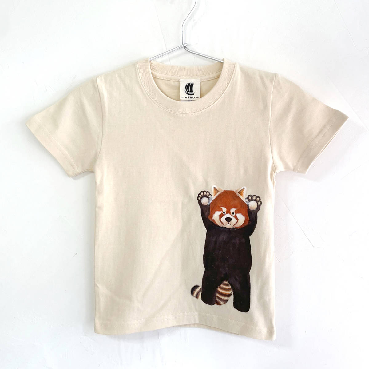 Kinder T-Shirt, Größe 130, natürlich, T-Shirt mit rotem Panda-Print, handgefertigt, handgezeichnetes T-Shirt, Tier, Spitzen, Kurzärmeliges T-shirt, 130 (125~134 cm)