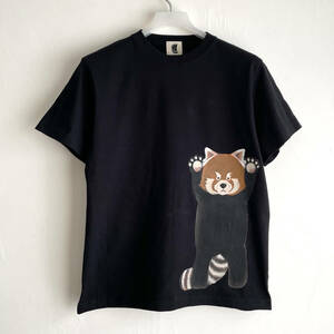メンズ Tシャツ Lサイズ 黒 レッサーパン柄Tシャツ ブラック ハンドメイド 手描きTシャツ 動物