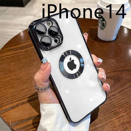 iPhone14 クリアケース レンズカバー付き メッキ加工 シンプル おしゃれ ブラック