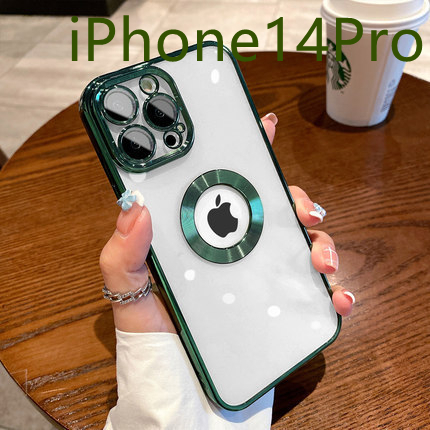 iPhone14 Pro クリアケース レンズカバー付き メッキ加工 シンプル おしゃれ グリーン