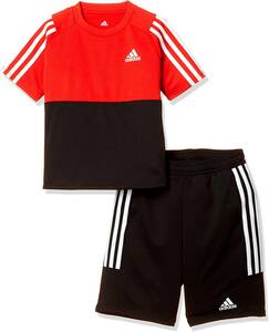 【KCM】Z-adi-94-2s-130★展示品★【adidas】ジュニア　半袖Tシャツ ハーフパンツ 上下セット　FTJ70-DU9809　レッド/ブラック　130