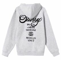 STUSSY WORLD TOUR ZIP ステューシー スウェット パーカー ジップアップ ベーシックロゴ 新品未使用 裏起毛 ワールドツアー グレー_画像2