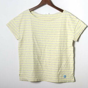 o-si bar short sleeves T-shirt border round neck tops cotton 100% lady's F size yellow ORCIVAL