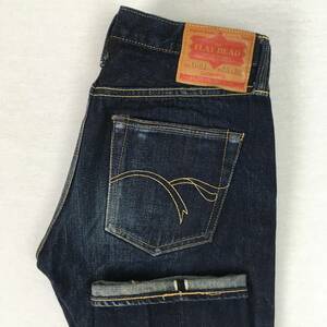 Плоская головка плоская головка LOT1001 Сделано в Японии W28 L36 Slim Straight Jeans Button Fly Fly Serbic Leather Patch 16 унций скрытая заклепка