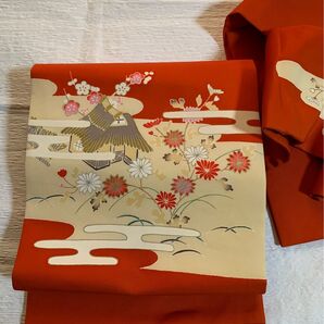 塩瀬・九寸名古屋帯(正絹)風景花文 金彩 O-213