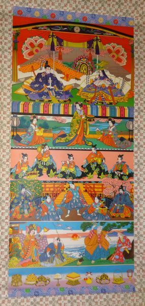 Rare vintage Peach Festival Doll Festival Hina Doll Affichage à cinq niveaux Urashima Taro Tamatebako Otohime Takasago Papier Rouleau Peinture Peinture japonaise Art Antique, Ouvrages d'art, livre, parchemin suspendu