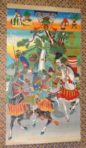 稀少 ヴィンテージ 騎馬武者 白馬 黒馬 紙本 掛軸 絵画 日本画 古美術