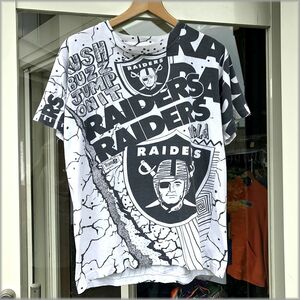 ★80s 90s　レイダース　RAIDERS　総柄　Tシャツ　size M★検 ビンテージ 大判プリント NFL