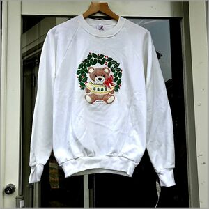 ★80s　デッドストック　USA製　JERZEES　スウェット　トレーナー　size S　白★ クリスマス 熊 テディベア プリント ビンテージ 90s 古着