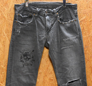  снят с производства W32 Edwin 502V заклепки * Skull * повреждение обработка Denim / длина ног 84cm