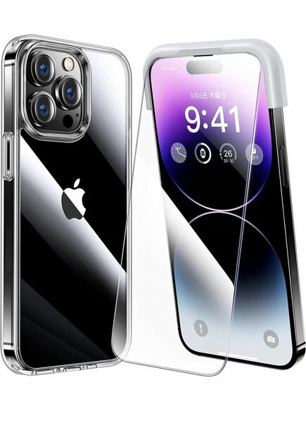 iPhone 14 pro max 用 フィルム付きケース 全面保護セット[耐黄変透明ケース×1, HD強化ガラスフィルム×2] 6.7インチ