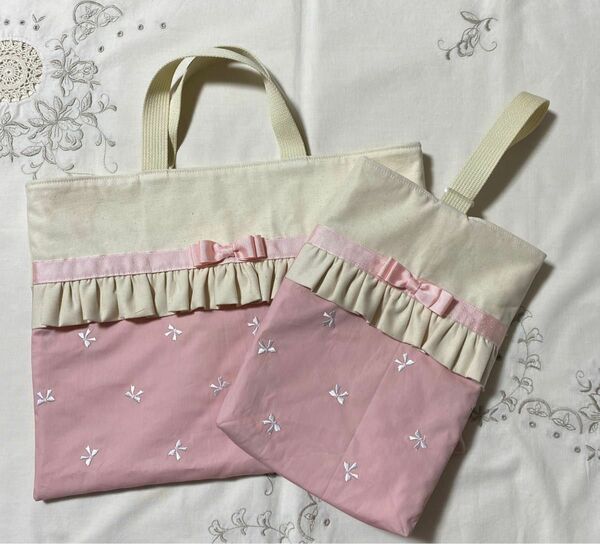 かわいい刺繍リボン☆フリル付き入学入園２点セット