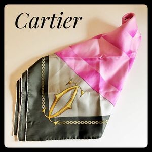 【美品】カルティエ シルクスカーフ ピンク マストライン Cartier 大判スカーフ SILK