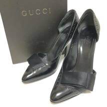 Gucci グッチ パンプス サテン×レザー ハイヒール 黒_画像1