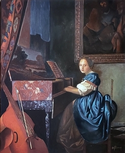 特価油絵　フェルメールの名作_ヴァージナルの前に座る女 MA77
