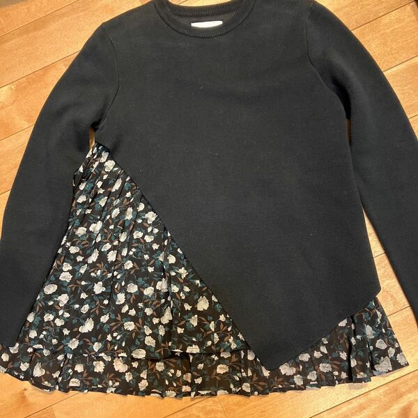 クラネ ラウンドネック 花柄シフォン レイヤードニット