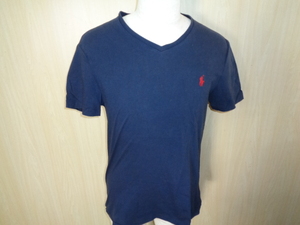 b194◆POLO RALPH LAUREN Vネック 半袖Tシャツ◆ポロ ラルフローレン M スリム 綿100％ 紺 ワンポイントポニー刺繍入 ネコポス送料385円4L