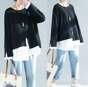  our shop including in a package 1 ten thousand jpy free shipping #L size # autumn new goods dressing up wonderful piling put on manner switch easy large size tunic tops * black white 