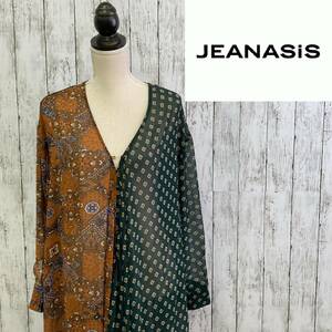 JEANASiS* Jeanasis * One-piece feather woven long sleeve knee height asimeto Lee total pattern * size F 10-18