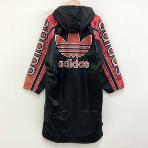 90s adidas デカロゴ ベンチコート 裏ボア 黒 赤 M-Lサイズ アディダス 銀タグ ナイロン ジャケット デサント OLD ビンテージ 2030338