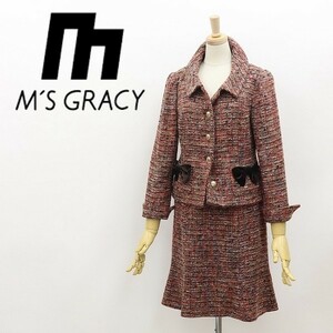 ◆M'S GRACY エムズグレイシー アンゴラ＆アルパカ＆モヘヤ混 ツイード リボン ジャケット＆スカート スーツ セットアップ 38 SAMPLE