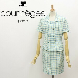 ◆Courreges クレージュ チェック柄 半袖 ダブル ジャケット＆スカート スーツ セットアップ 9AR