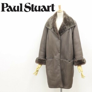 ◆Paul Stuart ポール スチュアート 羊革 ラムレザー ムートン パイピング コート グレージュ