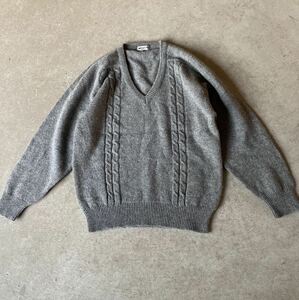 ヴィンテージ NEW WOOL 100% Vネック ケーブル編みニット 2 ラグランスリーブ セーター オーバーサイズ L ライトグレー 厚手 メンズ古着