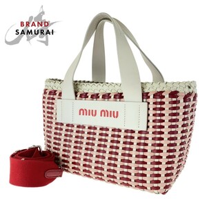  прекрасный товар MIUMIU MiuMiu u-bn вязаный кожа белый красный розовый кожа 2WAY ручная сумочка большая сумка женский 306958