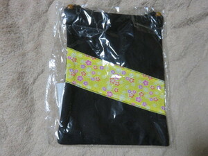 和風 巾着 巾着袋 いろはな サイズ235-170㎜ 黒黄 お土産 日本 未使用