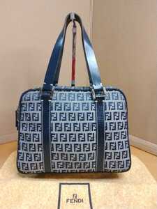 中古 FENDI フェンディ FF ズッキーノ ハンドバッグ キャンバス×レザー バッグ Fendi FF Logo bag 保存袋付き 送料無料