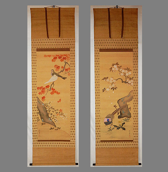 [Authentic] ■ Sakai Hōitsu ■ Maple leaves and doves / Cherry blossoms and pheasants, two pieces ■ Edo period painter/haiku poet ■ Hand-painted ■ Hanging scroll ■ Hanging scroll ■ Japanese painting ■, Painting, Japanese painting, Flowers and Birds, Wildlife