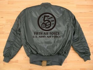 5th AIR FORCE カーキ プリントMA-1タイプ 黒 3L Printedジャケット ミリタリーブルゾン U.S. ARMY AIR FORCE FIFTH