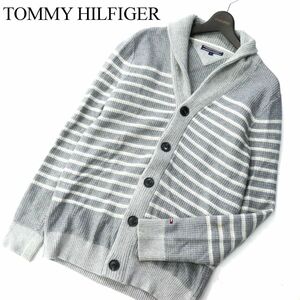 TOMMY HILFIGER トミーヒルフィガー 通年 ショールカラー★ ボーダー コットンニット カーディガン Sz.M　メンズ グレー　C2T13030_C#K