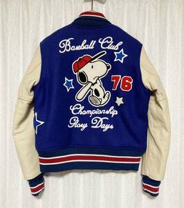 [BLUE BACK×Vintage Snoopy] ワッペンデコ 袖レザースタジャン バーシティジャケット 34 本革 スヌーピー ブルーバッグ