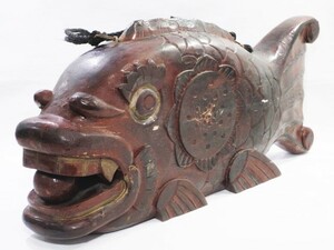時代 魚板 魚鼓 木彫 咥え玉 木製 打鯉板 木魚 鳴り物 仏教美術 古道具 【F031202S】
