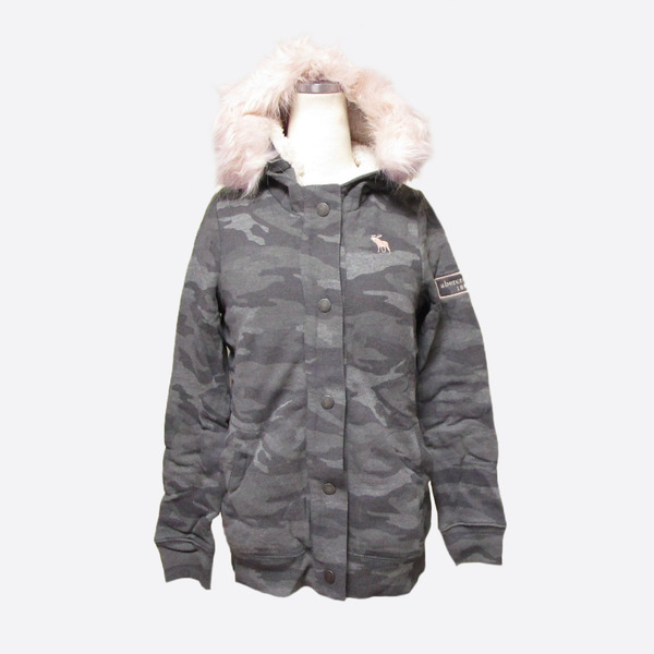 ★SALE★abercrombie kids/アバクロキッズ★裏シェルパファー付スウェットスナップパーカー (Grey Camo/girls11-12)