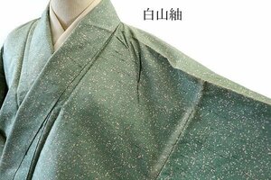 【送料無料】未使用品　白山紬 蒔糊散らし 淡いグリーン 身丈159cm 裄丈63cm カジュアル 着物 お洒落 仕立て上がり 正絹 m-4092