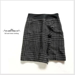 *UNTITLED Untitled * fringe attaching! wool 100% Glenn check pattern LAP manner tweed skirt! gray 1(S) to coil skirt!O8