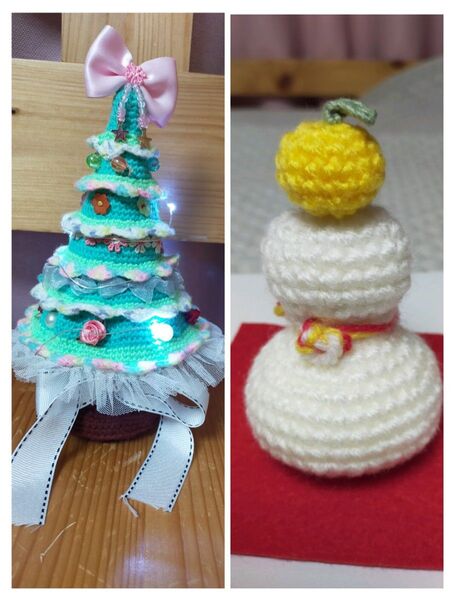 クリスマスツリーと鏡餅のぬいぐるみセット 毛糸 ハンドメイド お正月飾り レディースファッション 飾り物