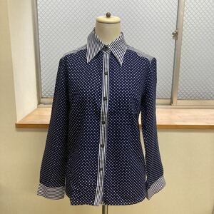 [ shirt dot stripe ] navy tops long sleeve Showa Retro unisex old clothes Vintage fashion [C8-1③]1205