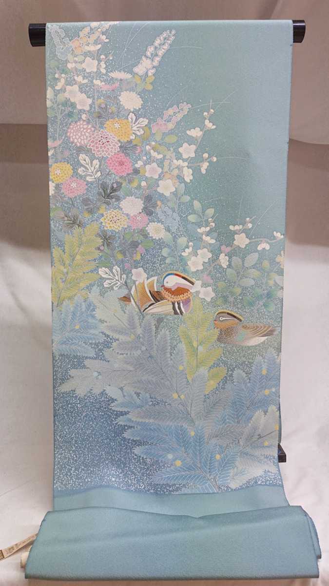 新品 手描き京友禅付下げ 64 鴛鴦花草文様 青色系 浜ちりめん 正絹 友禅柄 未仕立 未使用 反物 着物 袋帯 結婚式 卒業式 送料無料, ファッション, 女性和服, 着物, 付下げ