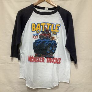 M285.ビンテージプリントベースボール七分袖Tシャツ古着アメカジUSA製アメリカ製フリー＆イージーマイフリーダムサイズXLラットフィンク