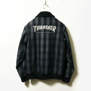 #THRASHER｜スラッシャー 背面刺繍デザインメルトンウールデッキジャケット ブラックグレー sizeM