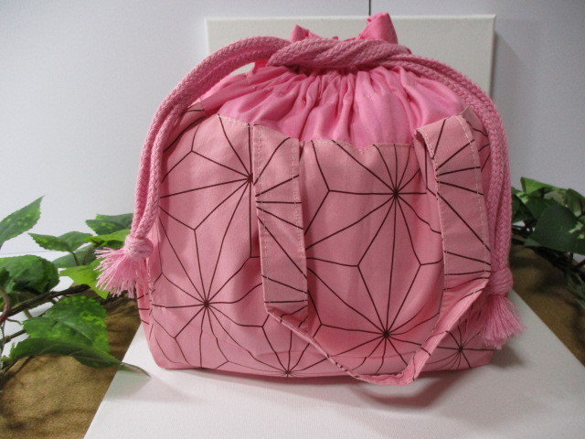 Japanese pattern demon hemp leaf geometric pattern pink black outing handheld drawstring lunch multipurpose bag original design new unused see photo details 38, sewing, embroidery, Finished Product, others
