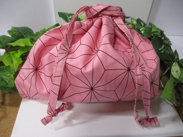 Japanese Pattern Oni Hemp Leaf Geometric Pattern Pink Black Going Out Handheld Drawstring Lunch Box Multipurpose Bag Original Design New Unused See Photo Details 40, sewing, embroidery, Finished product, others