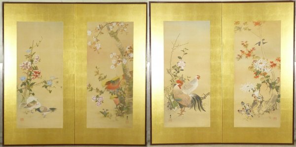 屏風屋】67 三夫銘 紅白椿と雉の図 二枚折 屏風 一双 高さ 約152cm 紙 ...